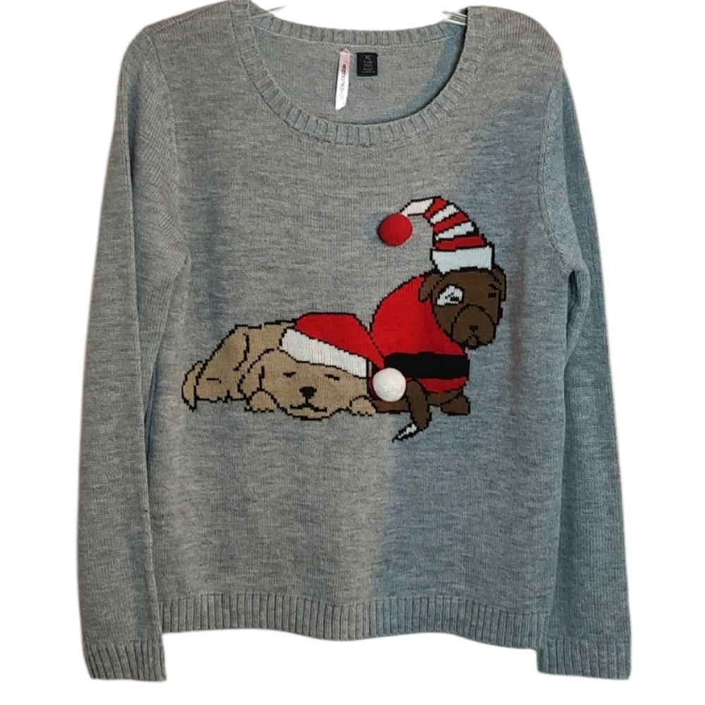 New Heather Gray Xmas Pullover Sweater w/ Dogs in Santa Hats sz XL